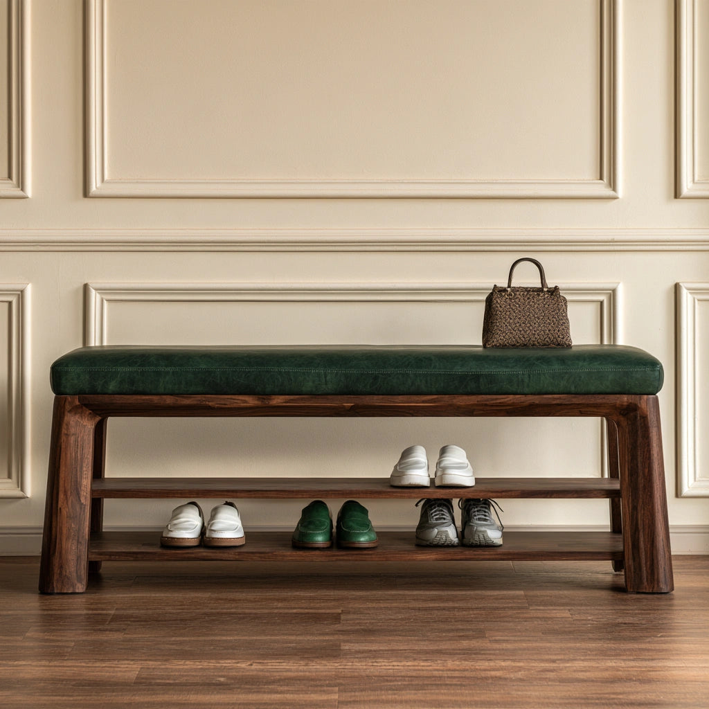 Glenvoro dark green leather-upholstered storage bench with brown wooden legs, ideal for hallway or living room seating and organization.