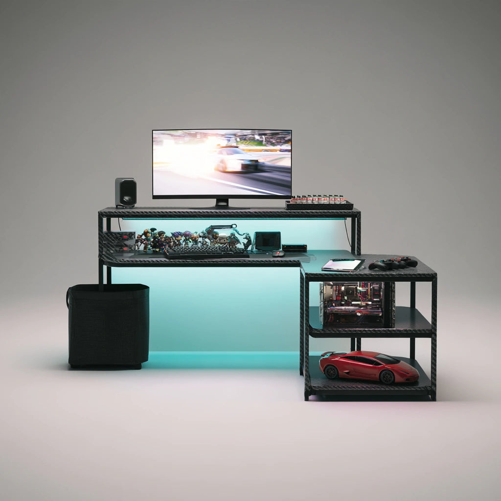 Black Glenvoro L-shaped gaming desk with carbon fiber pattern, designed for home office and gaming setups.