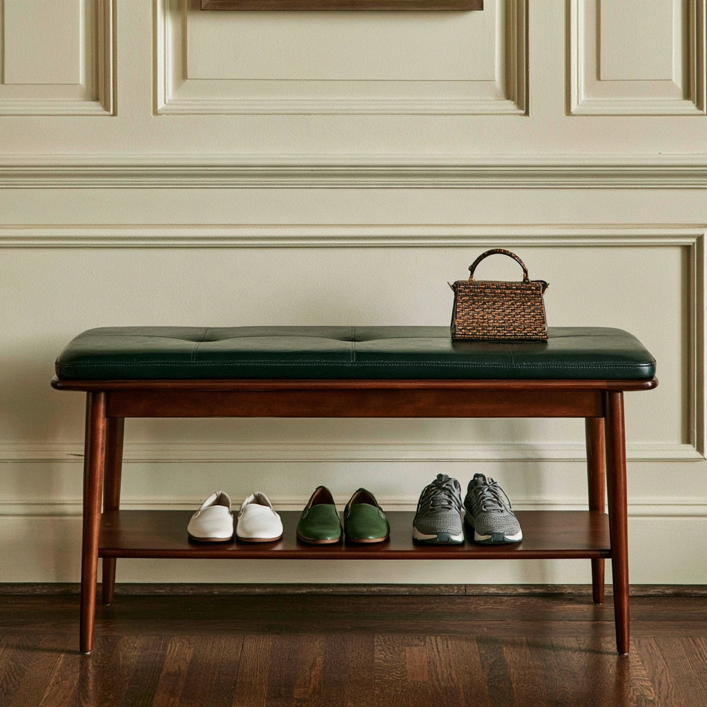 Opbergbank met leren bekleding, kleur donkergroen en bruin