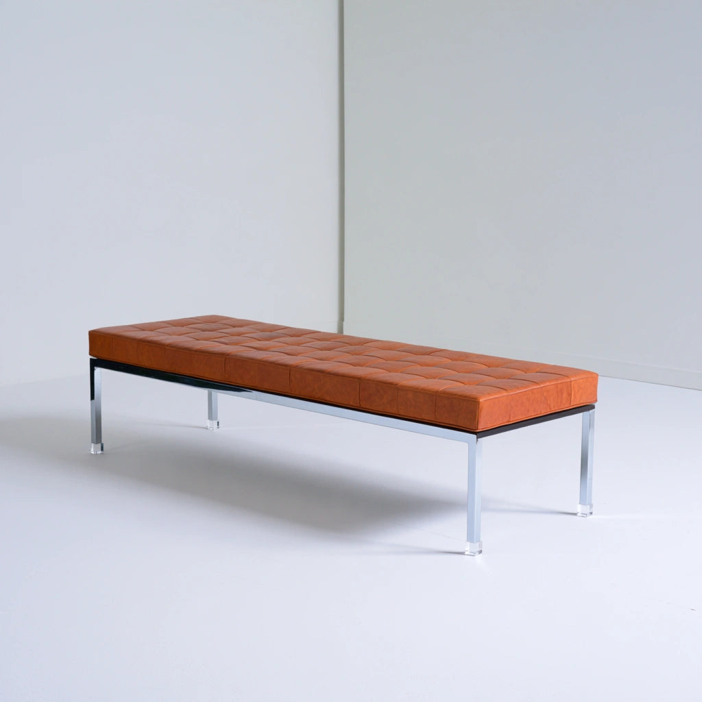 Glenvoro brown leather storage bench with button tufting, polished metal legs, ideal for living room or hallway furniture.