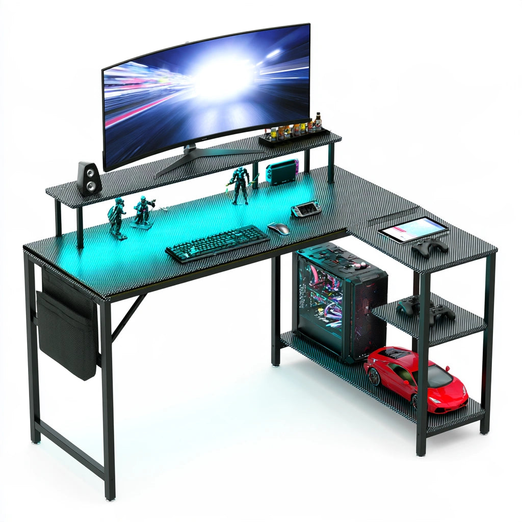 Black L-shaped gaming desk with carbon fiber pattern, modern design, suitable for home office or gaming setup by Glevnoro.