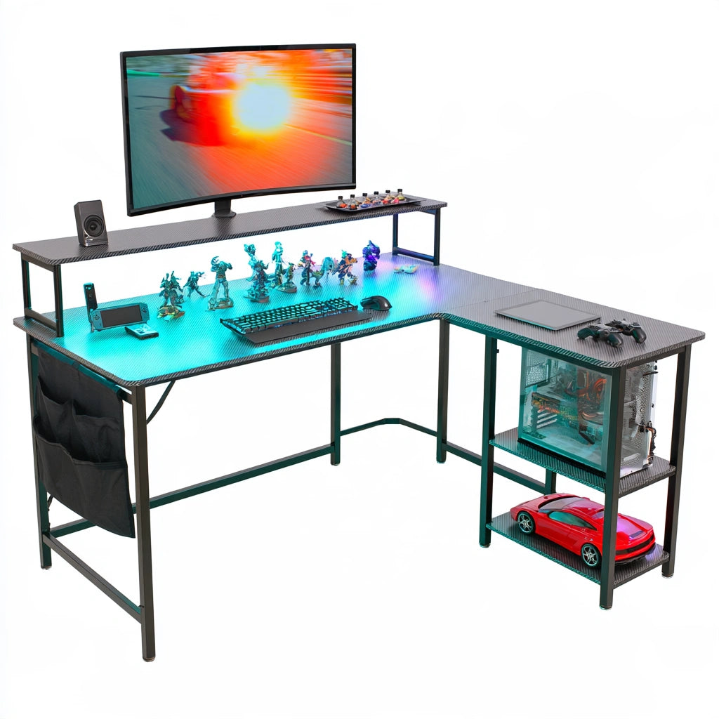 Glenvoro black L-shaped gaming desk with carbon fiber pattern, designed for home office and gaming setups.