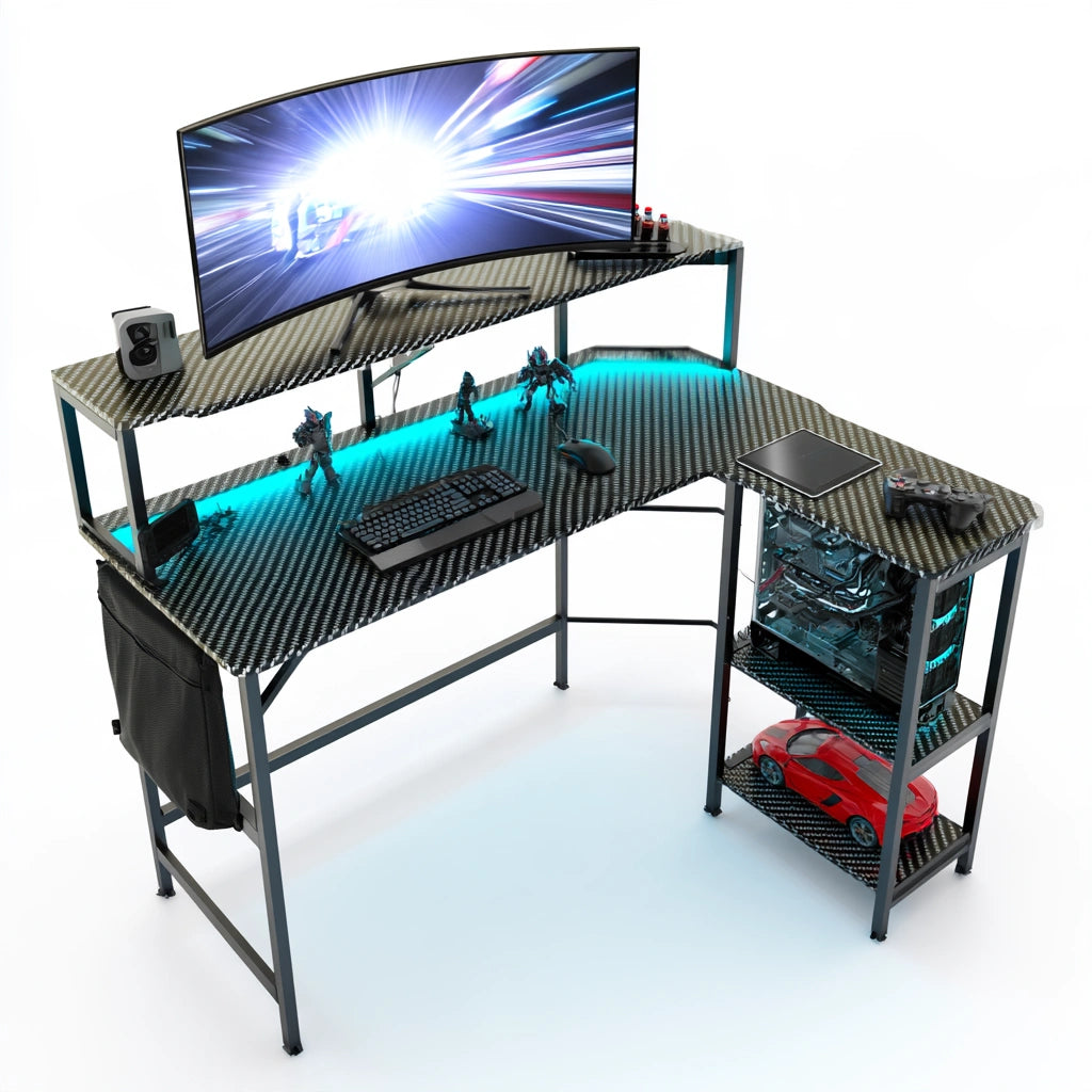 Glenvoro black L-shaped gaming desk with carbon fiber pattern, suitable for home office or gaming setup in living and garden space