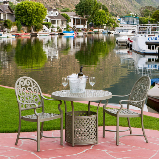 Glenvoro aluminum garden bistro set with round table and two chairs in silver color for outdoor living and garden use.