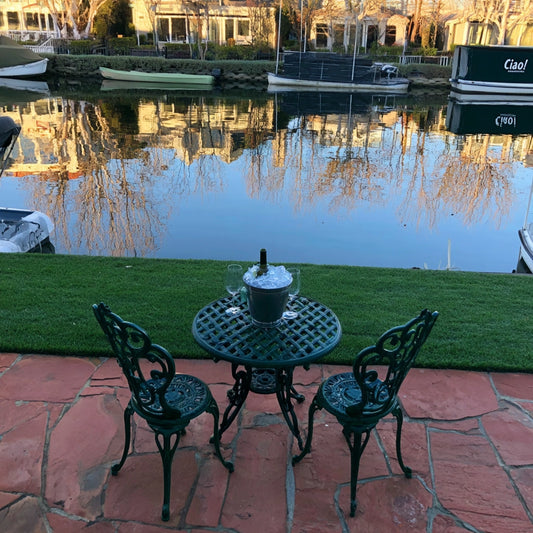 Glenvoro aluminum garden bistro set with round table and two chairs in silver color, outdoor furniture for relaxing in the garden.