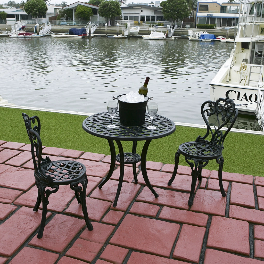 Glenvoro aluminum garden bistro set with round table and two chairs, silver finish, ideal for outdoor dining and relaxing in the garden.