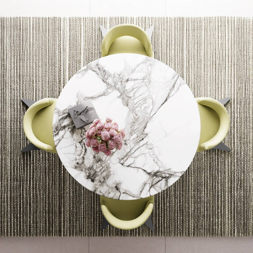 Modern gray and white dining room with round table and matching chairs, part of Glenvoro eettafel en stoelen eetkamerset.